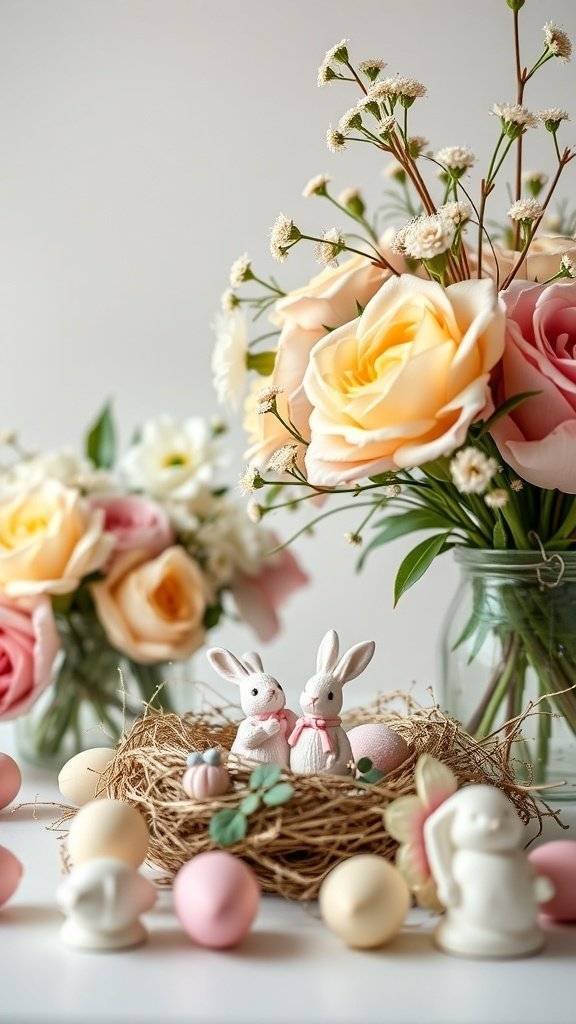 A beautiful arrangement of spring flowers with Easter figurines and pastel eggs.