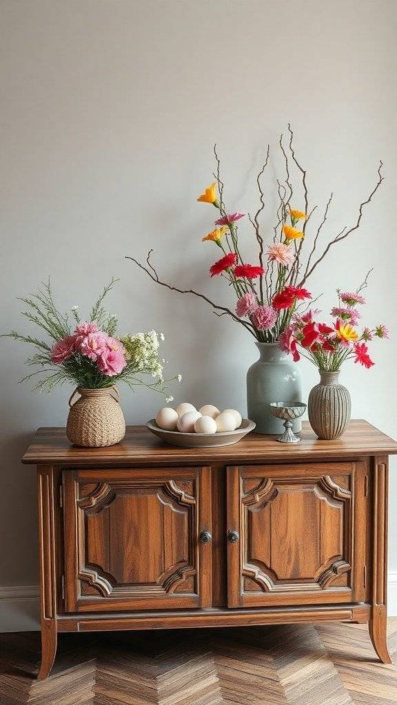 A wooden sideboard decorated with colorful flowers and Easter eggs.