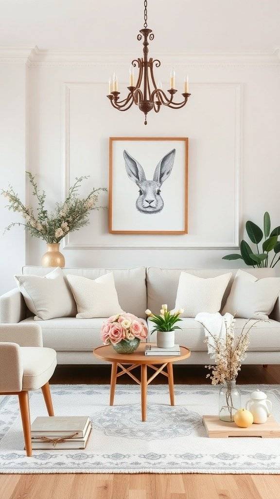 A cozy living room decorated for Easter with a bunny artwork, flowers, and soft lighting.