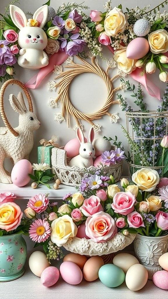 Colorful Easter decorations with flowers, bunnies, and pastel eggs.