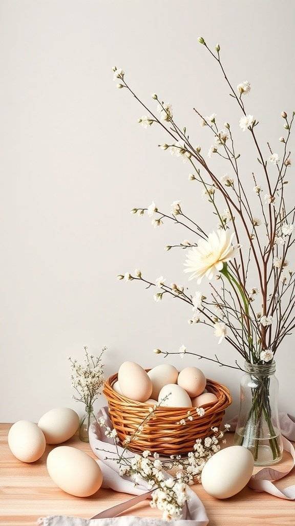 A spring-themed Easter decoration featuring a basket of eggs and flowers.