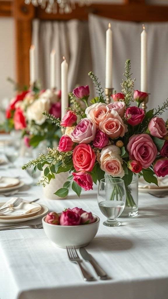 A close-up of a beautifully decorated Easter table featuring colorful floral arrangements and candles.