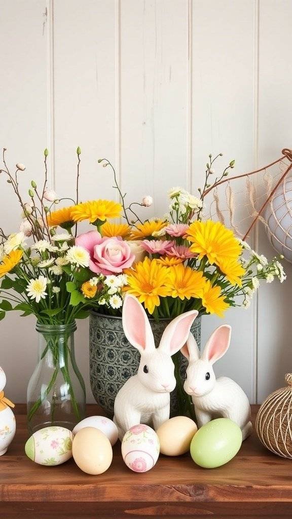 Easter decorations featuring flowers, a bunny, and pastel eggs