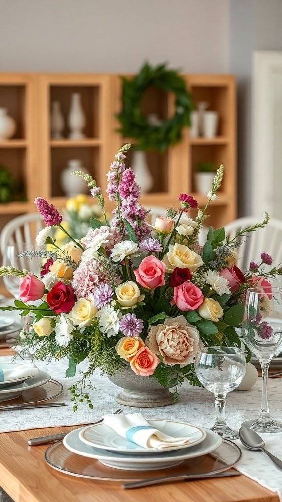 A colorful floral centerpiece featuring roses and daisies, set on a dining table with elegant tableware.