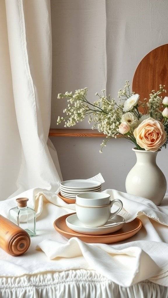 A beautifully arranged table with flowers, dishware, and soft fabrics, perfect for Easter decorations.
