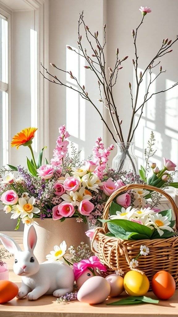A sunlit room decorated for Easter with flowers, a bunny, and colorful eggs.