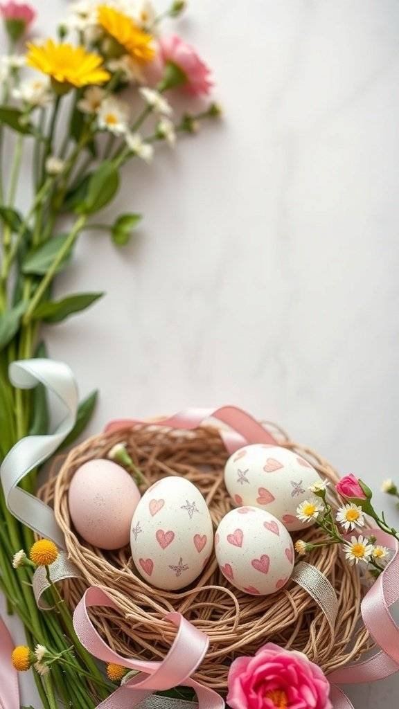 A nest filled with decorated Easter eggs surrounded by flowers and ribbons.
