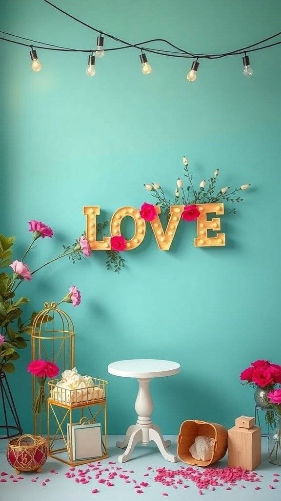 A colorful Easter table setting with flowers, a 'LOVE' sign, and decorative accents.