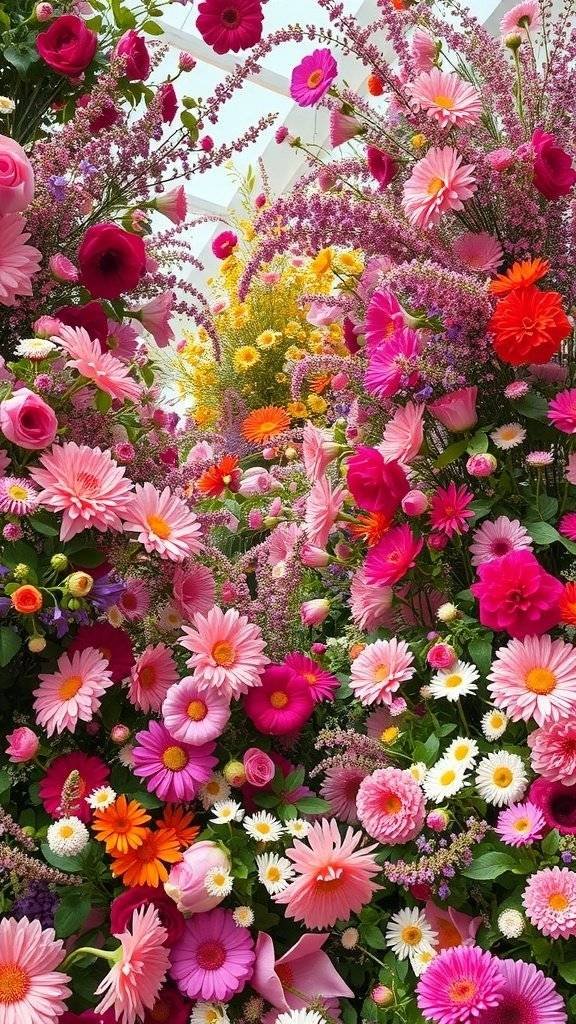 A vibrant display of various flowers in shades of pink, yellow, and white, symbolizing spring and Easter celebrations.