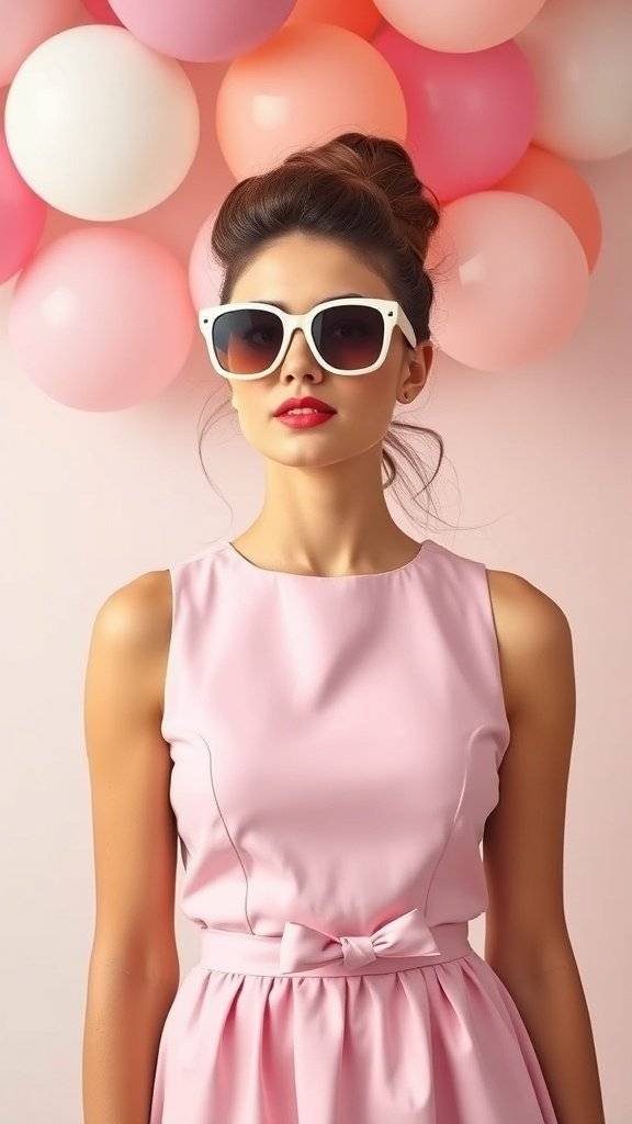 A woman wearing a pink Easter dress with oversized sunglasses, standing in front of pastel balloons.