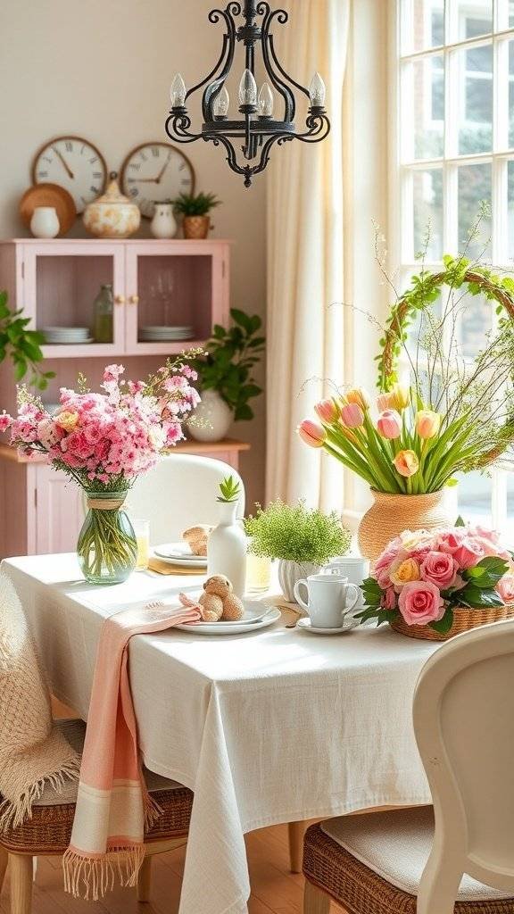 A beautifully decorated table for Easter with colorful flowers, candles, and festive arrangements.