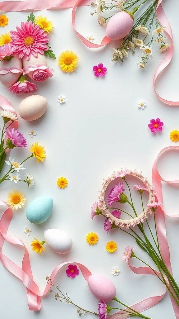Flat lay of colorful Easter decorations with flowers and pastel eggs