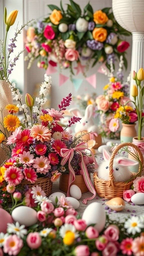 A colorful display of Easter decorations featuring flowers, bunny figures, and decorated eggs.