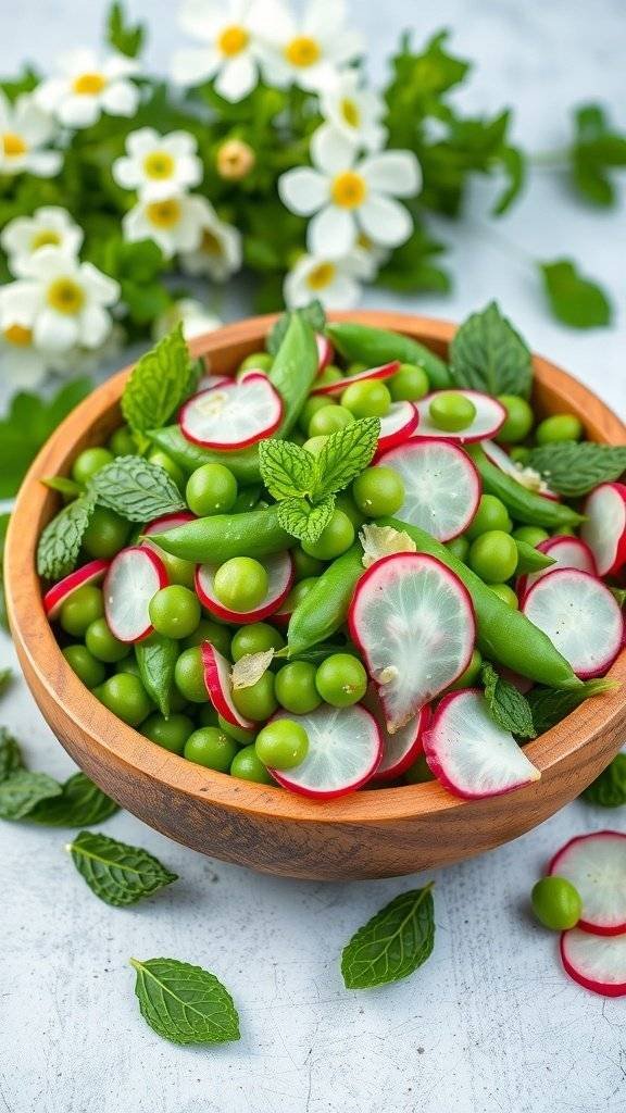 A bowl of refreshing spring pea and mint salad with radishes, garnished with mint leaves.