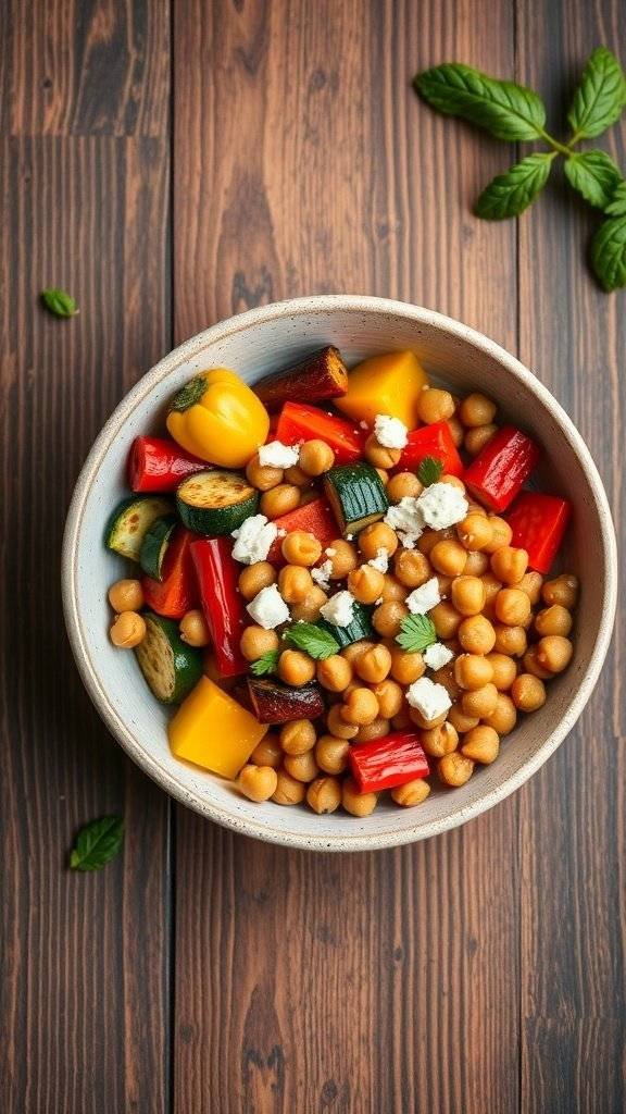 A bowl of roasted vegetables and chickpeas with fresh herbs on a wooden table.