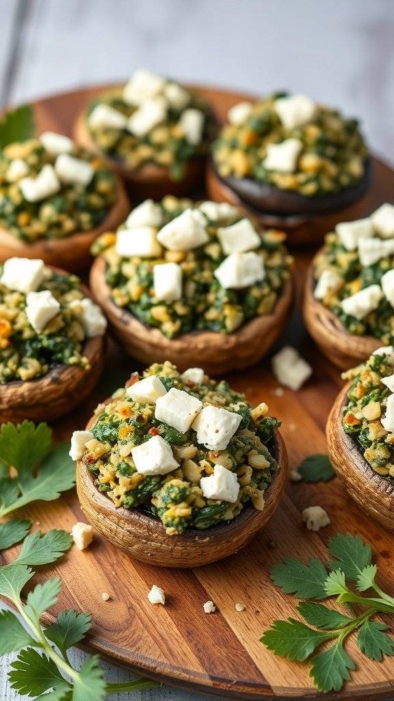 Savory spinach and feta stuffed mushrooms on a wooden platter