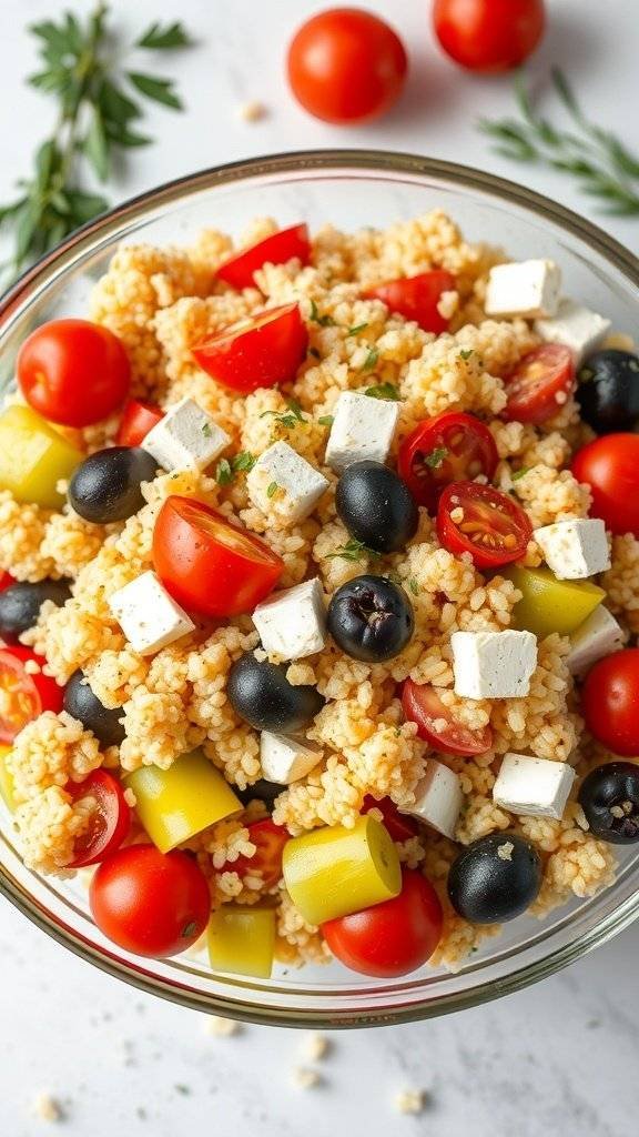 A colorful Mediterranean Couscous Salad with cherry tomatoes, olives, feta cheese, and parsley.