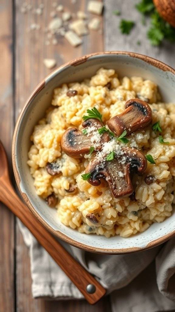 A bowl of creamy mushroom risotto topped with mushrooms and parsley.