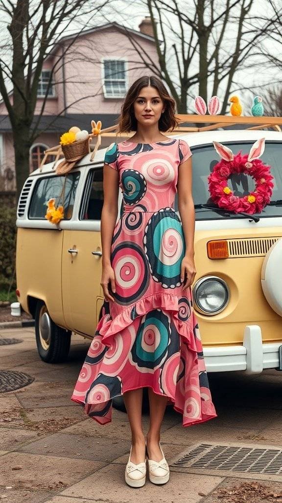 A woman wearing a colorful 1960s inspired Easter dress with psychedelic patterns, standing in front of a vintage yellow van decorated for Easter.