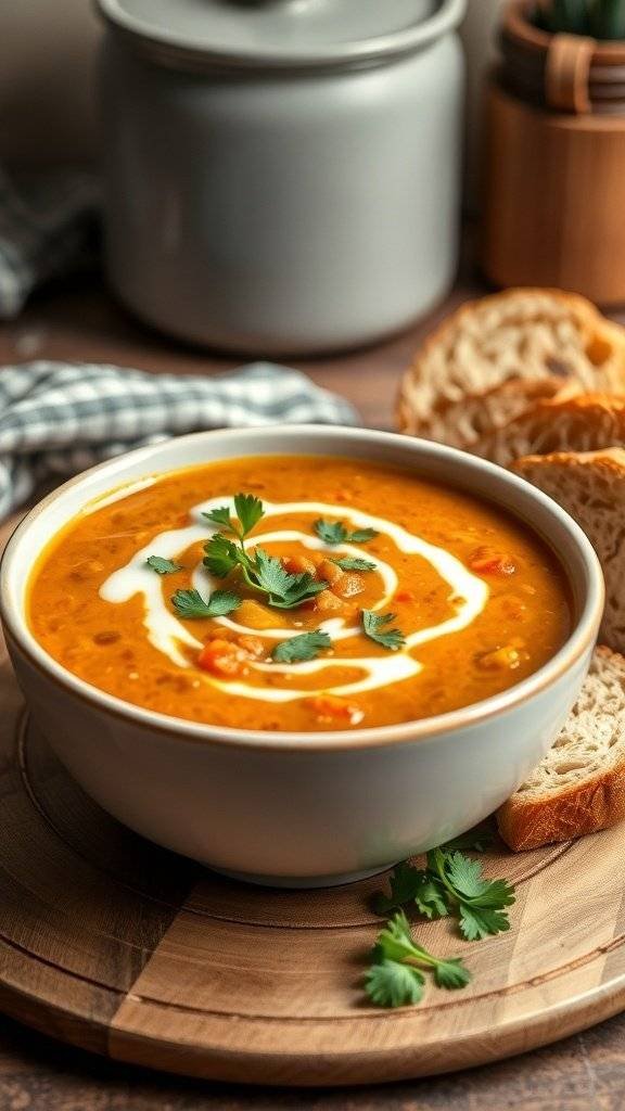 A bowl of spiced carrot and lentil soup garnished with cilantro and yogurt, served with slices of bread.