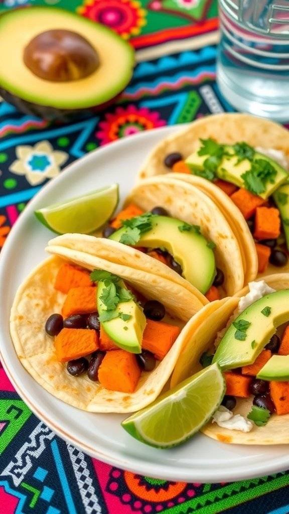 Sweet potato and black bean tacos on a colorful tablecloth with lime and cilantro