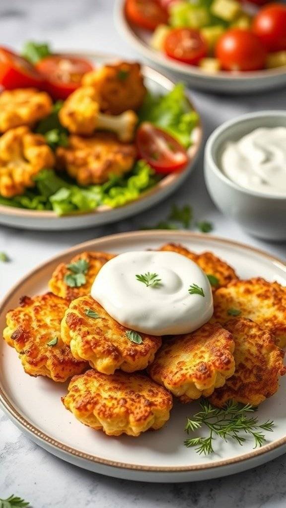 A plate of crispy cauliflower fritters served with a creamy dip and garnished with herbs, alongside a fresh salad.