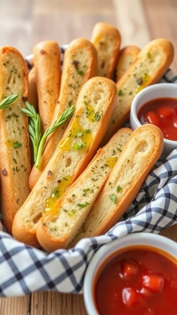A basket of herbed garlic breadsticks served with marinara sauce.