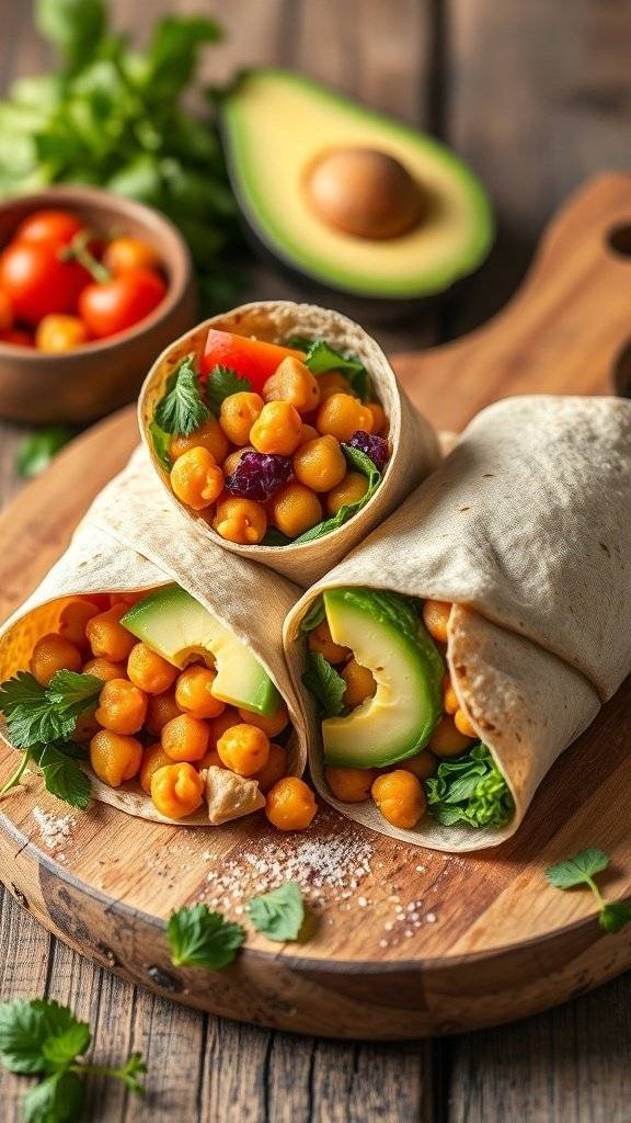 Chickpea and avocado salad wraps on a wooden board with fresh ingredients in the background