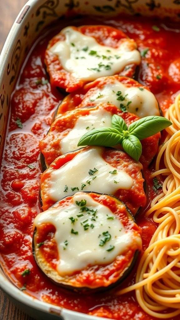 A delicious serving of Eggplant Parmesan with marinara sauce, mozzarella cheese, and fresh basil.