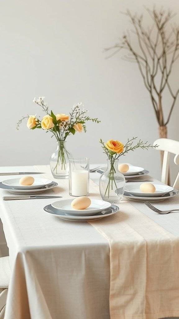 A soft neutral Easter table setting with beige tablecloth, gray plates, yellow roses, and eggs.