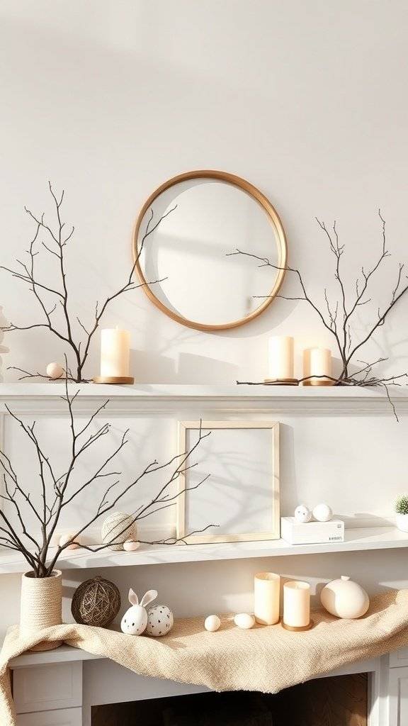A minimal Easter mantel decorated with soft neutrals, featuring branches, candles, and Easter-themed decor.