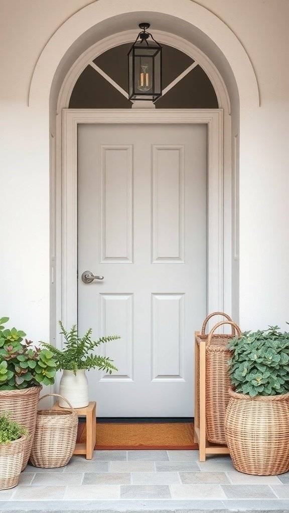 A light gray door with a lantern above, surrounded by woven baskets filled with plants, creating an inviting entryway.