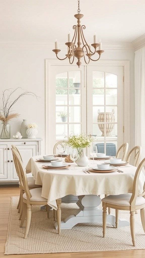 A beautifully styled Easter dining room featuring a round table with a white tablecloth, dried grasses in a vase, and soft lighting.