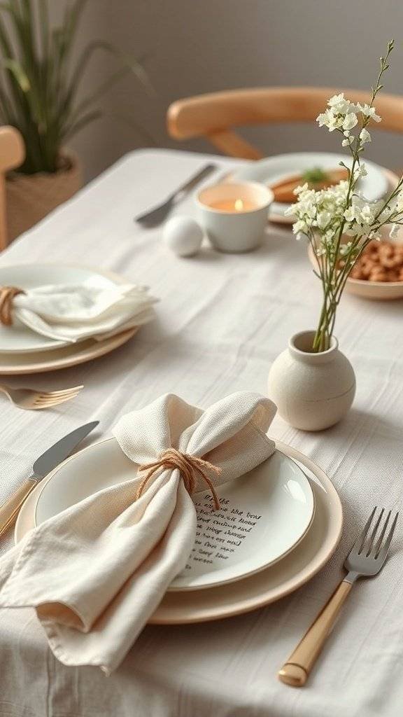 A beautifully set Easter table featuring linen napkins, simple ceramics, and delicate flowers.