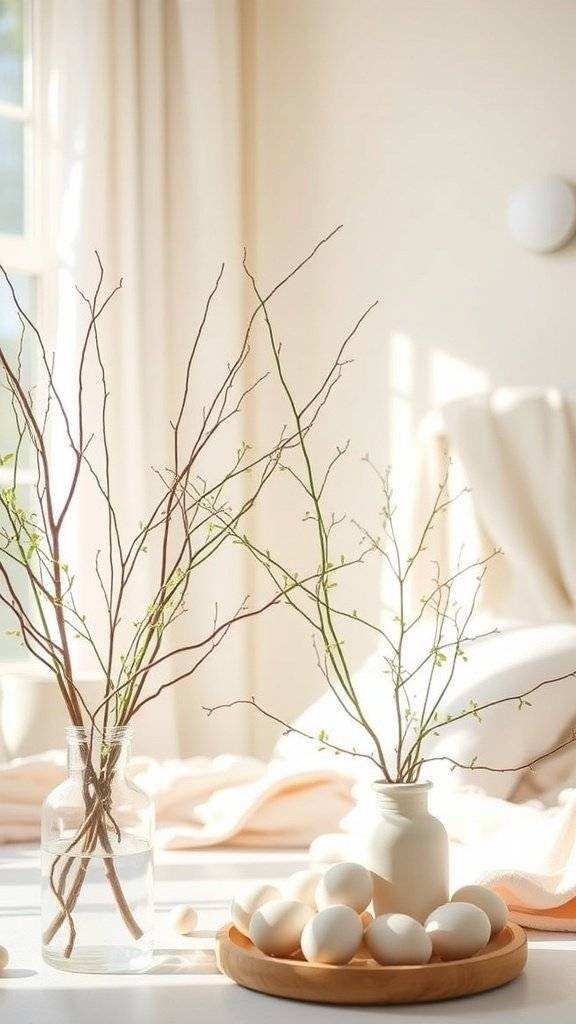 A serene Easter decor scene featuring soft pastel colors, natural elements, and gentle light.