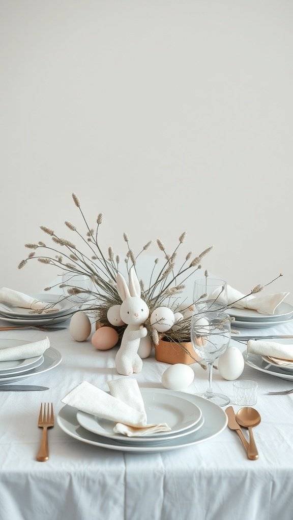 A minimal Easter table setting with soft neutrals, featuring a bunny figure, eggs, and elegant tableware.