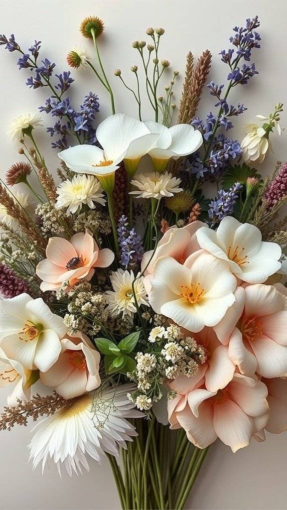 A beautiful floral arrangement featuring soft peach and cream roses, delicate blooms, and greenery in a clay vase.