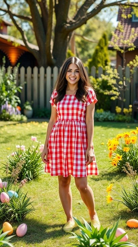 A woman in a red and white gingham dress standing in a garden with flowers and Easter eggs.