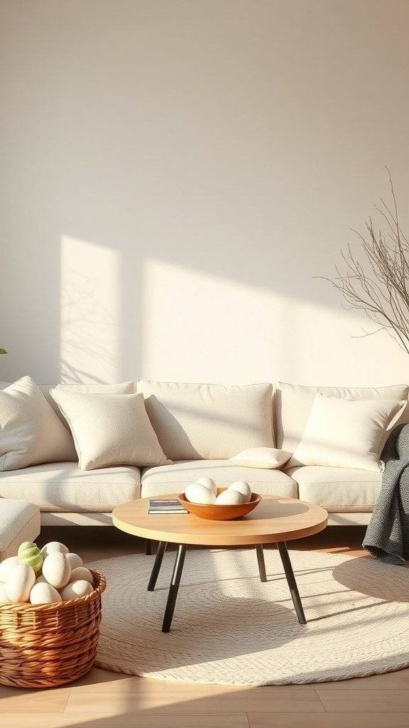 A cozy living room with soft neutral decor for Easter, featuring a light sofa, a round coffee table with eggs, and a basket of eggs.