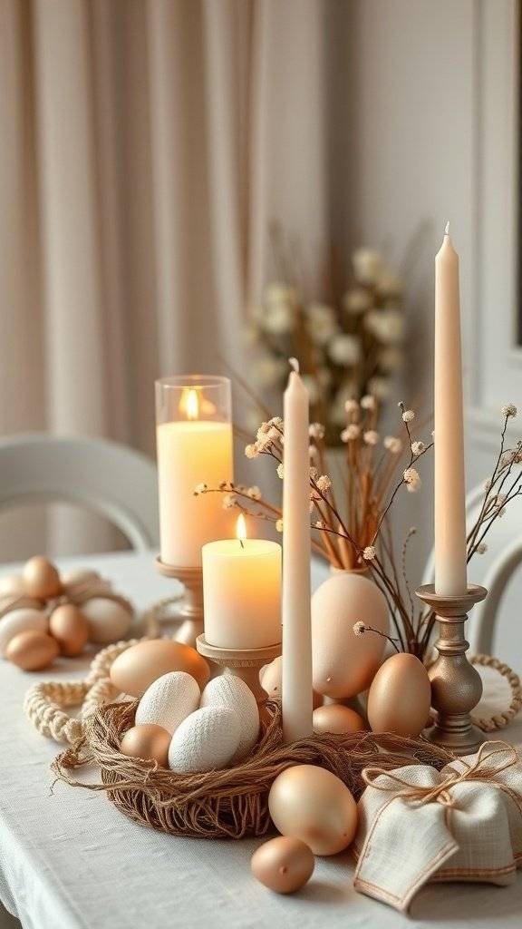 A beautifully arranged Easter table with soft neutral colors, candles, and decorative eggs.