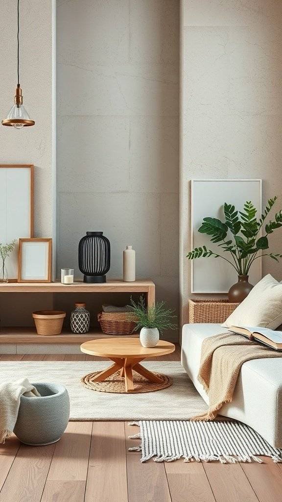 A cozy living room with wooden furniture, stone elements, and soft neutral colors, perfect for Easter decor.