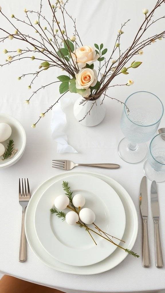 Easter place setting with white plates, cutlery, and a floral arrangement