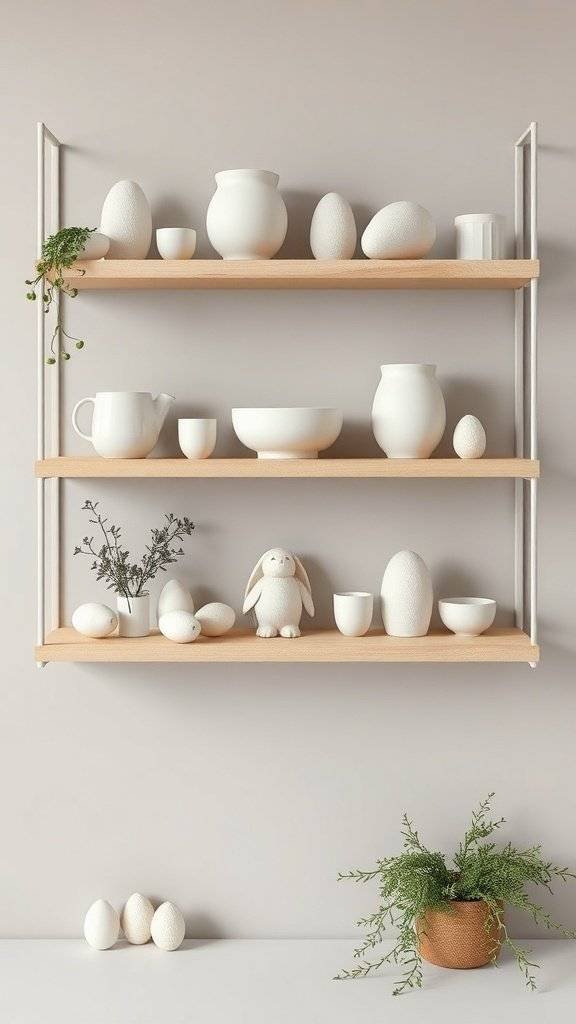 A minimal Easter shelf decorated with soft neutral ceramics, decorative eggs, a bunny figurine, and greenery.