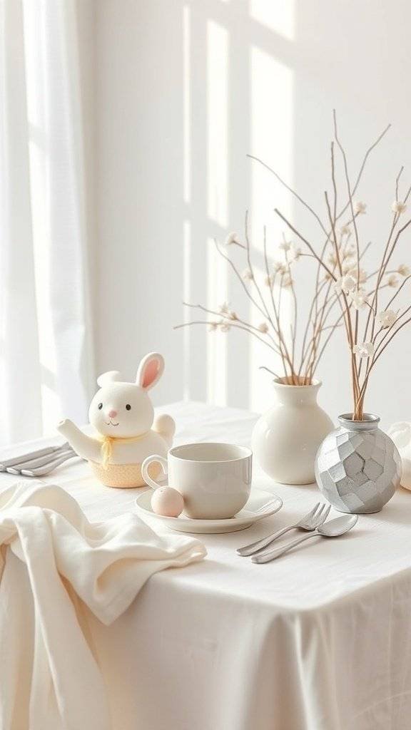 A serene Easter breakfast table with a bunny teapot, cup, and delicate floral decor.