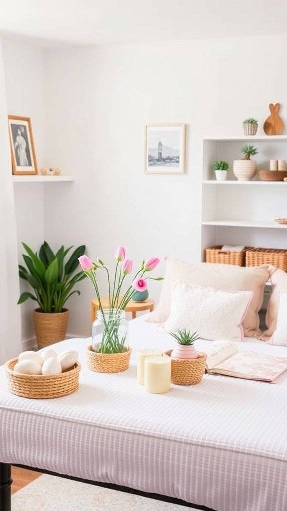 A cozy Easter decor setup featuring pastel eggs, a bunny figurine, and soft textiles in a small space.