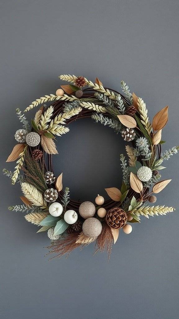 A minimal Easter wreath featuring neutral tones, natural elements, and soft textures.