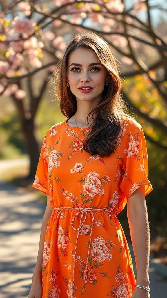 A woman wearing an orange floral shift dress standing outdoors with blooming flowers in the background.