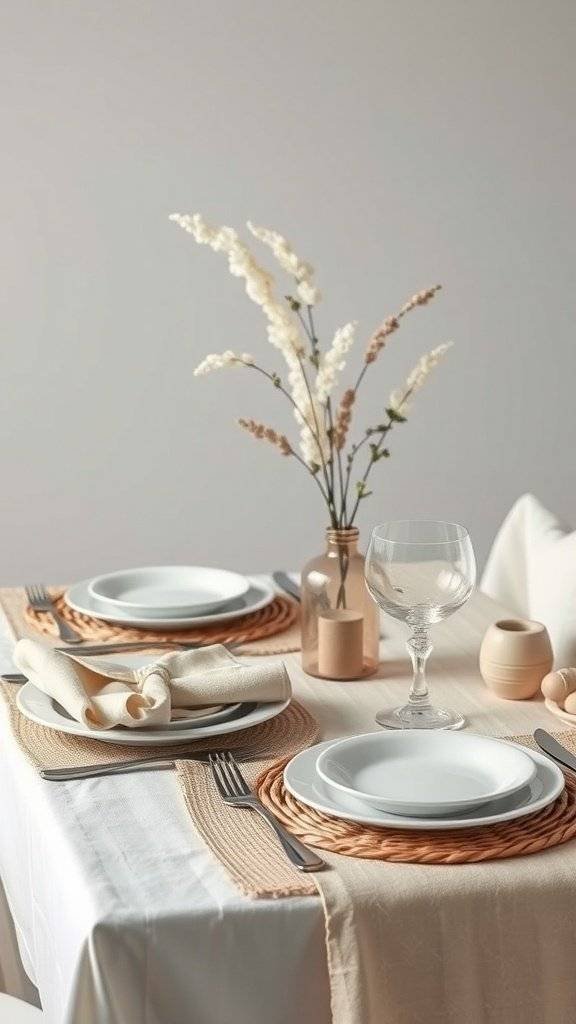 Easter table setting with soft neutrals, featuring white plates, woven placemats, and dried flowers.