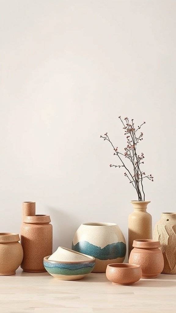 A collection of handcrafted pottery in soft neutral tones, featuring various shapes and sizes, with a branch of delicate flowers.