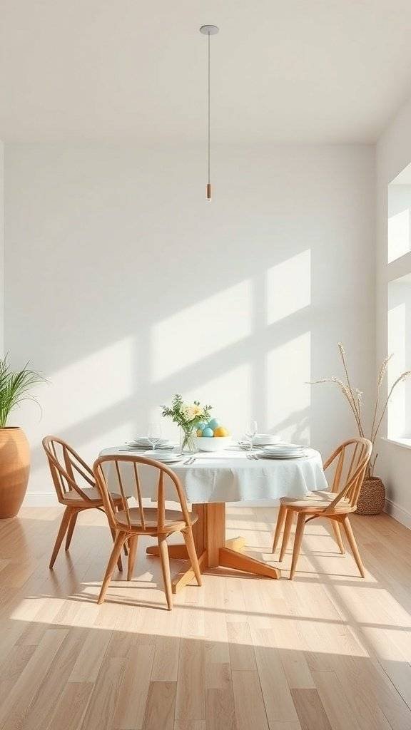 A light and airy dining space decorated for Easter with a round table, wooden chairs, and pastel elements.